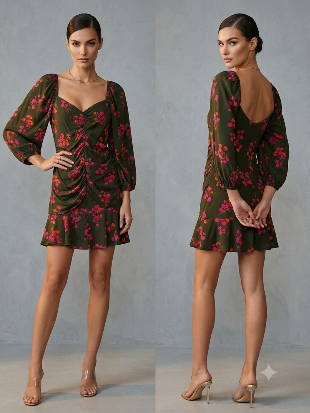 Caballero Green Floral Ruffle Mini Dress Size Small Like New